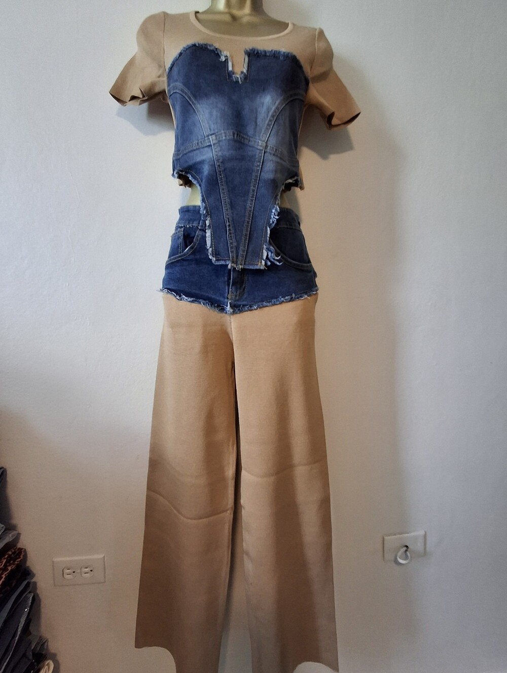 Two-Tone Denim Corset Top with Tan Wide-Leg Pants